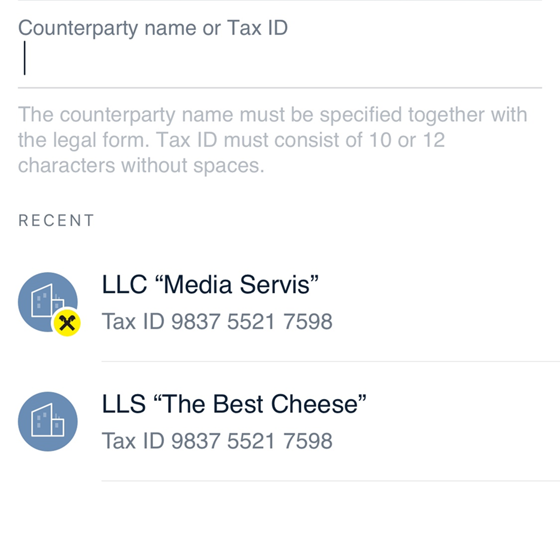 Recent business partners displayed in the recipient field