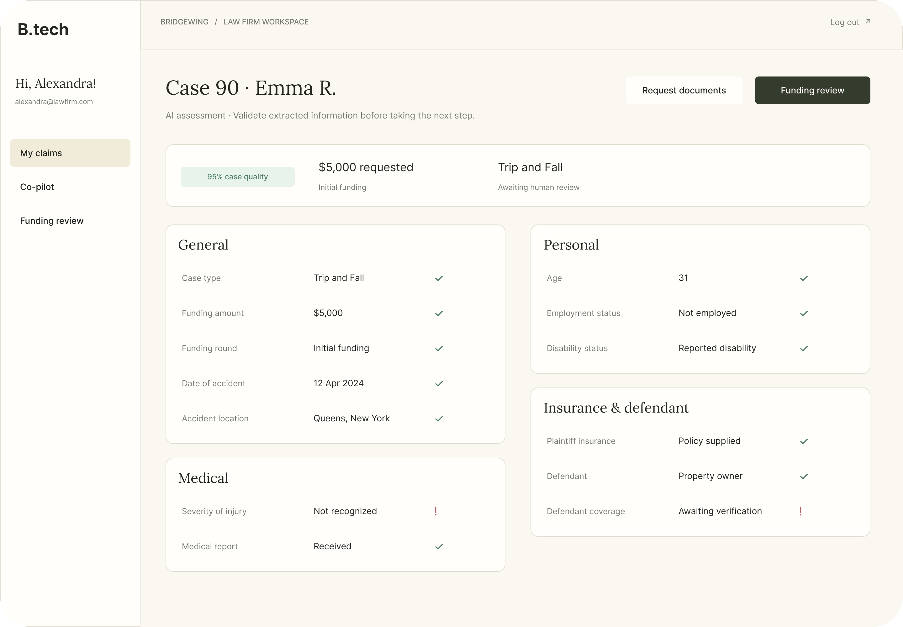 Bridgewing automated case assessment interface