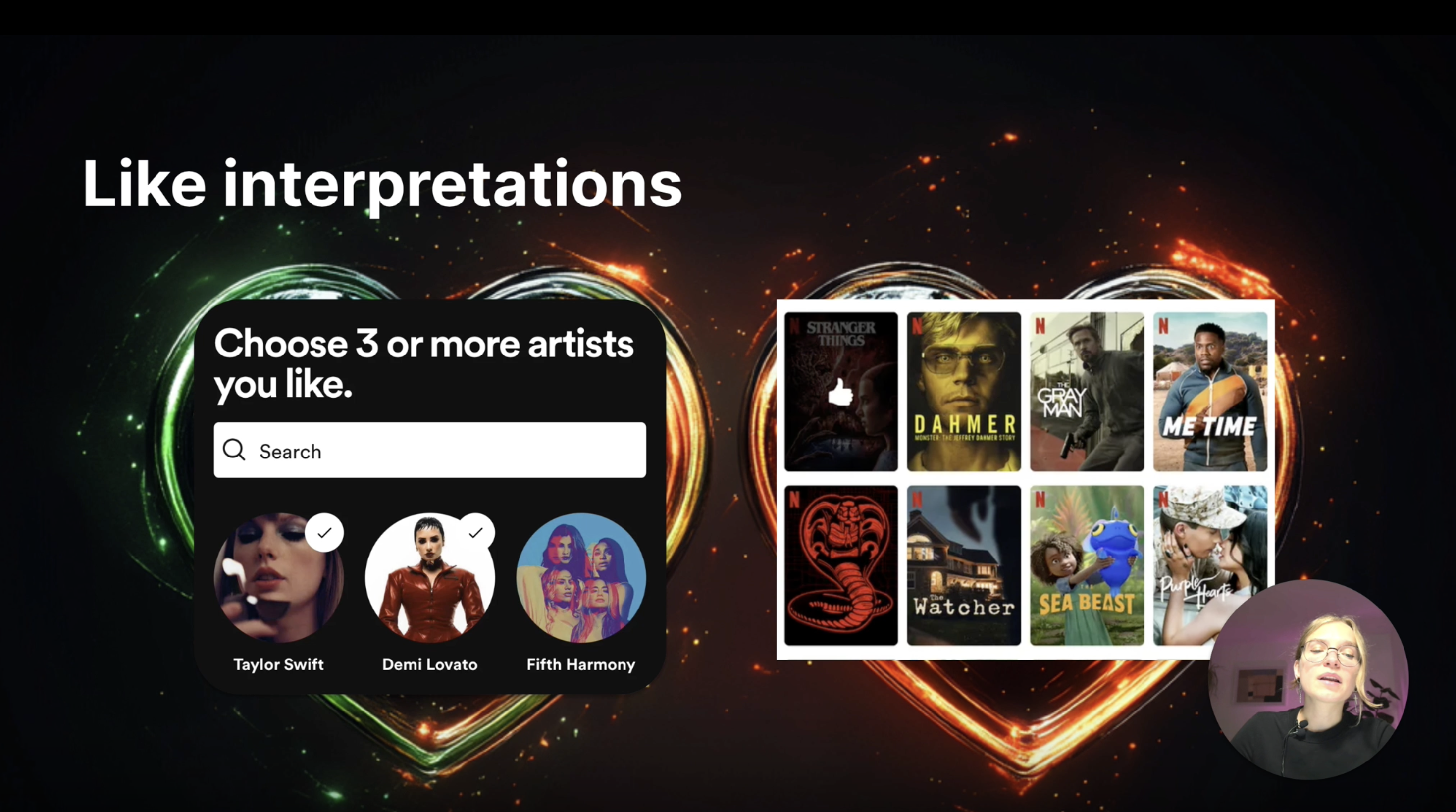 Conference slide showing recommendation examples based on liked artists and films