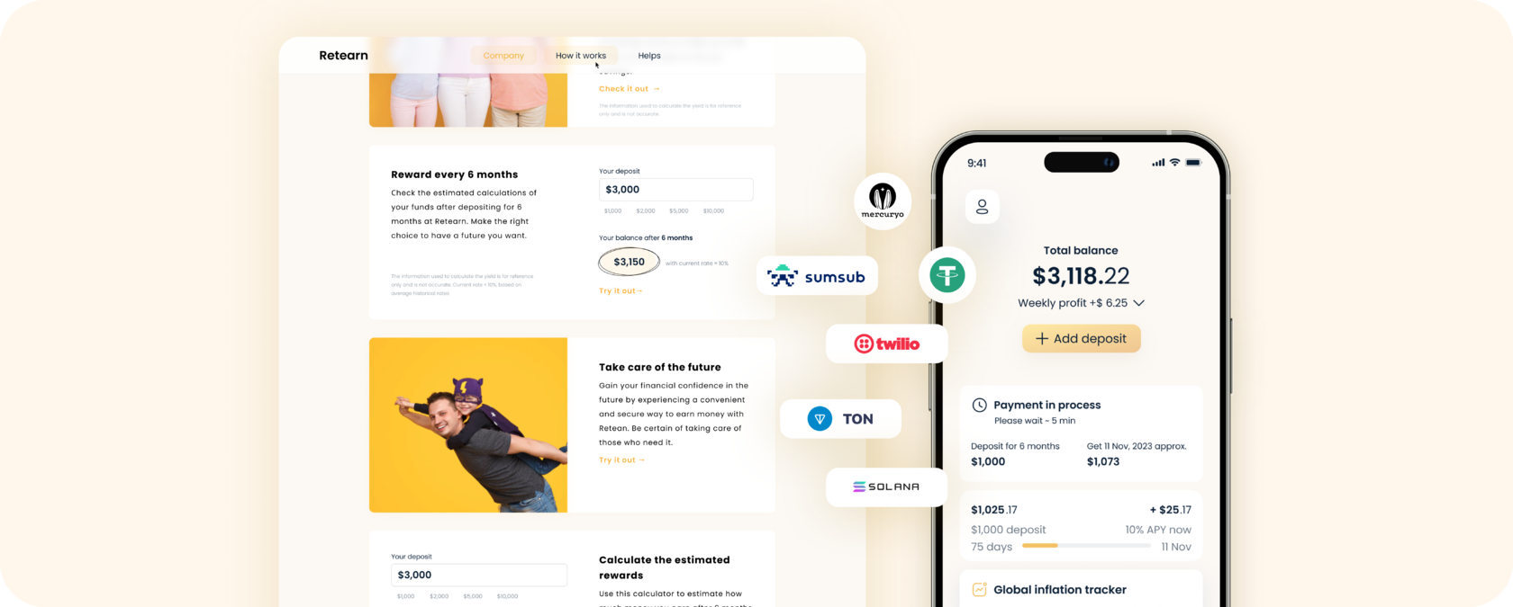 Retearn product landing and mobile app screens