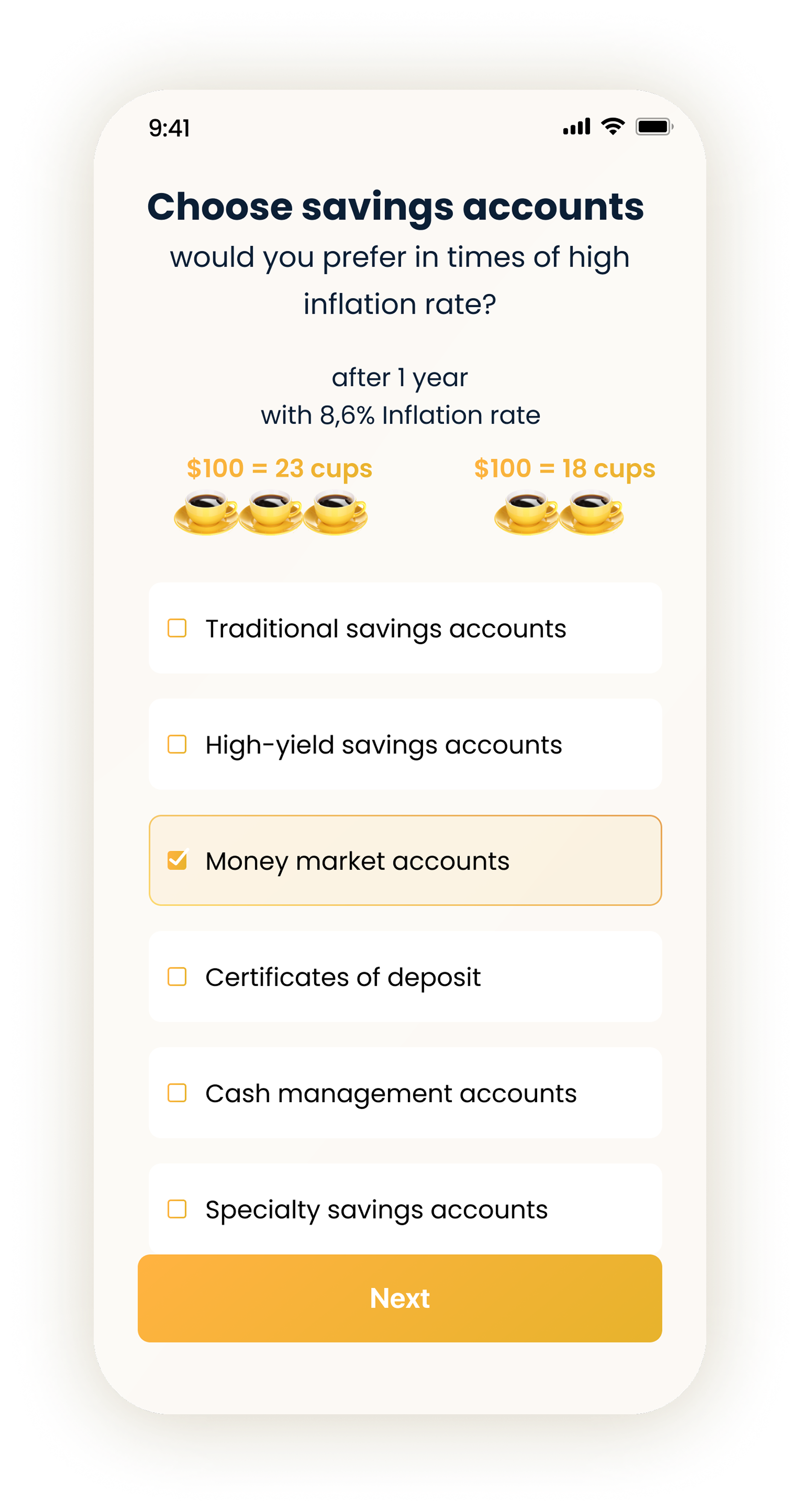 Savings account comparison using purchasing power in cups of coffee