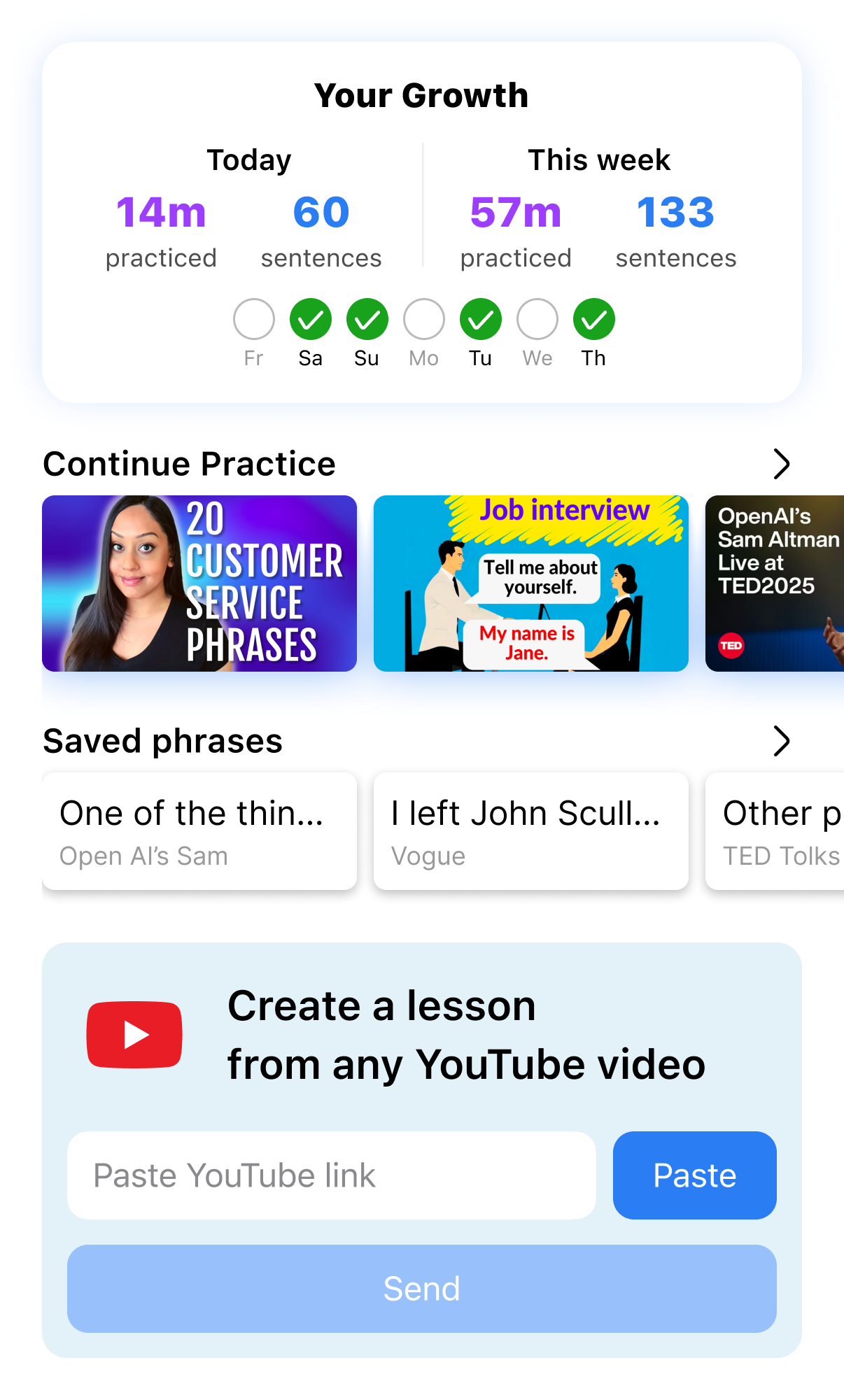 Speak Pro home screen with practice progress, saved phrases and videos