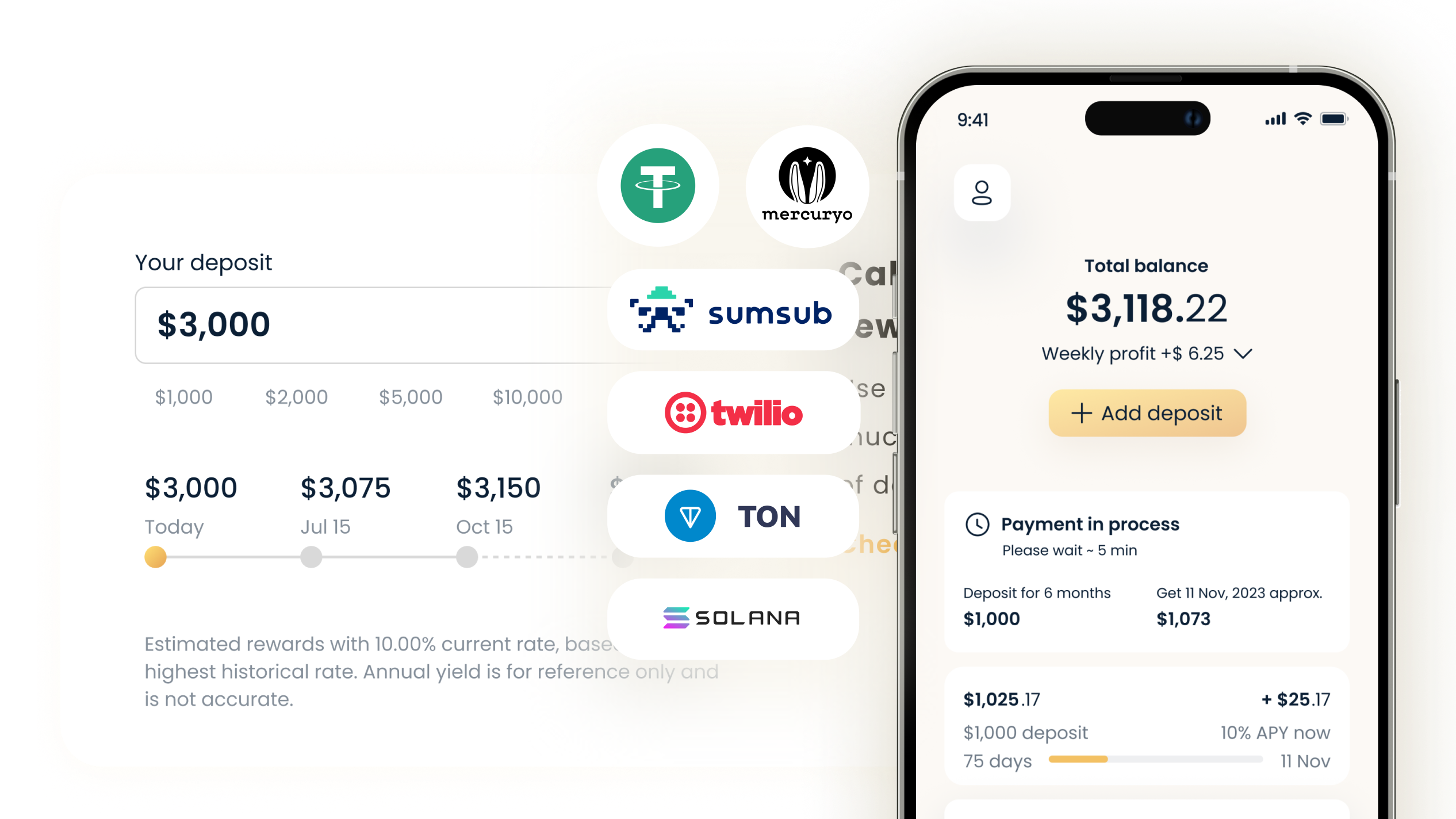 Retearn DeFi deposit calculator and mobile account screen